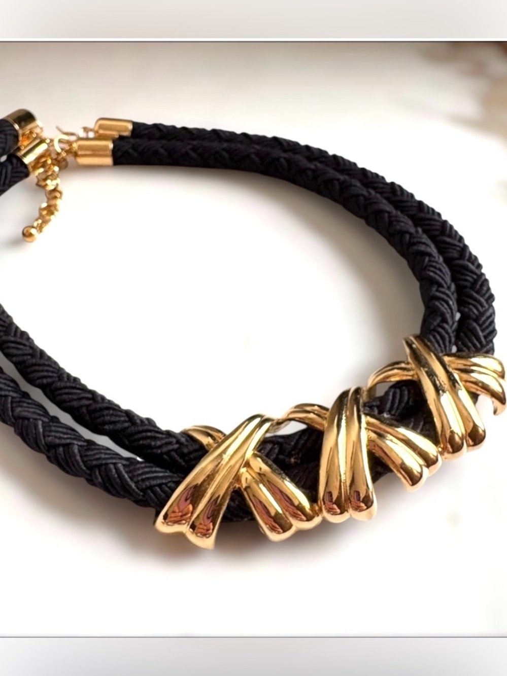 Vintage Avon Gold Collar Necklace Black Braided Cord Statement Choker NIB